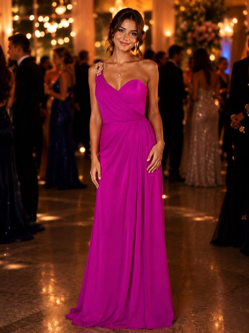 Xscape Joanna Chen Fuchsia One Shoulder Jeweled Gown Size 10